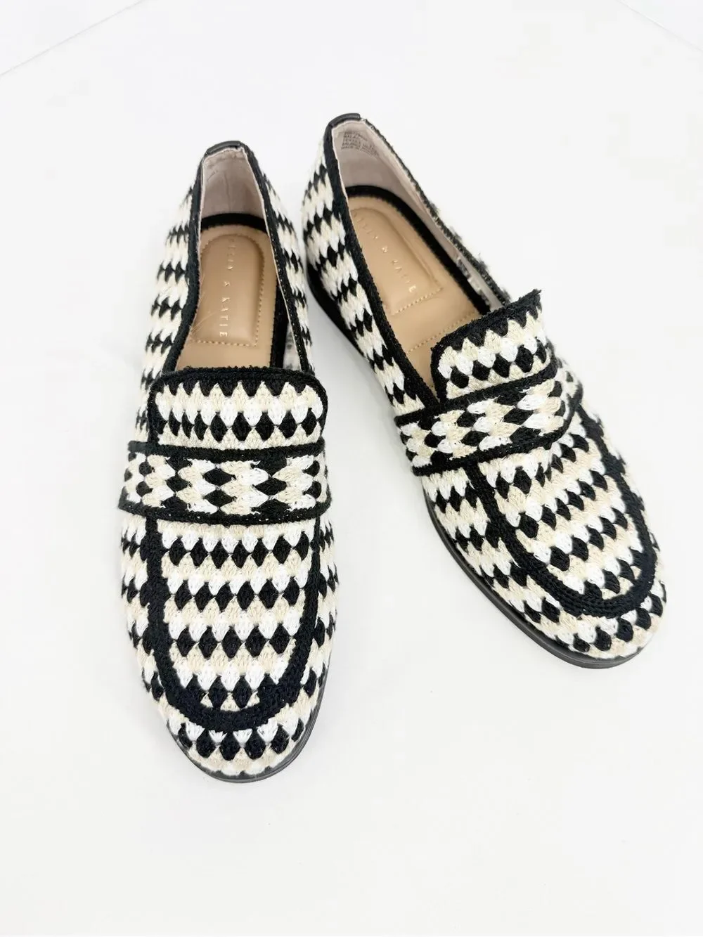 Kelly & Katie BALAC Slip On Loafer In Black White Beige Geometric Check Textile